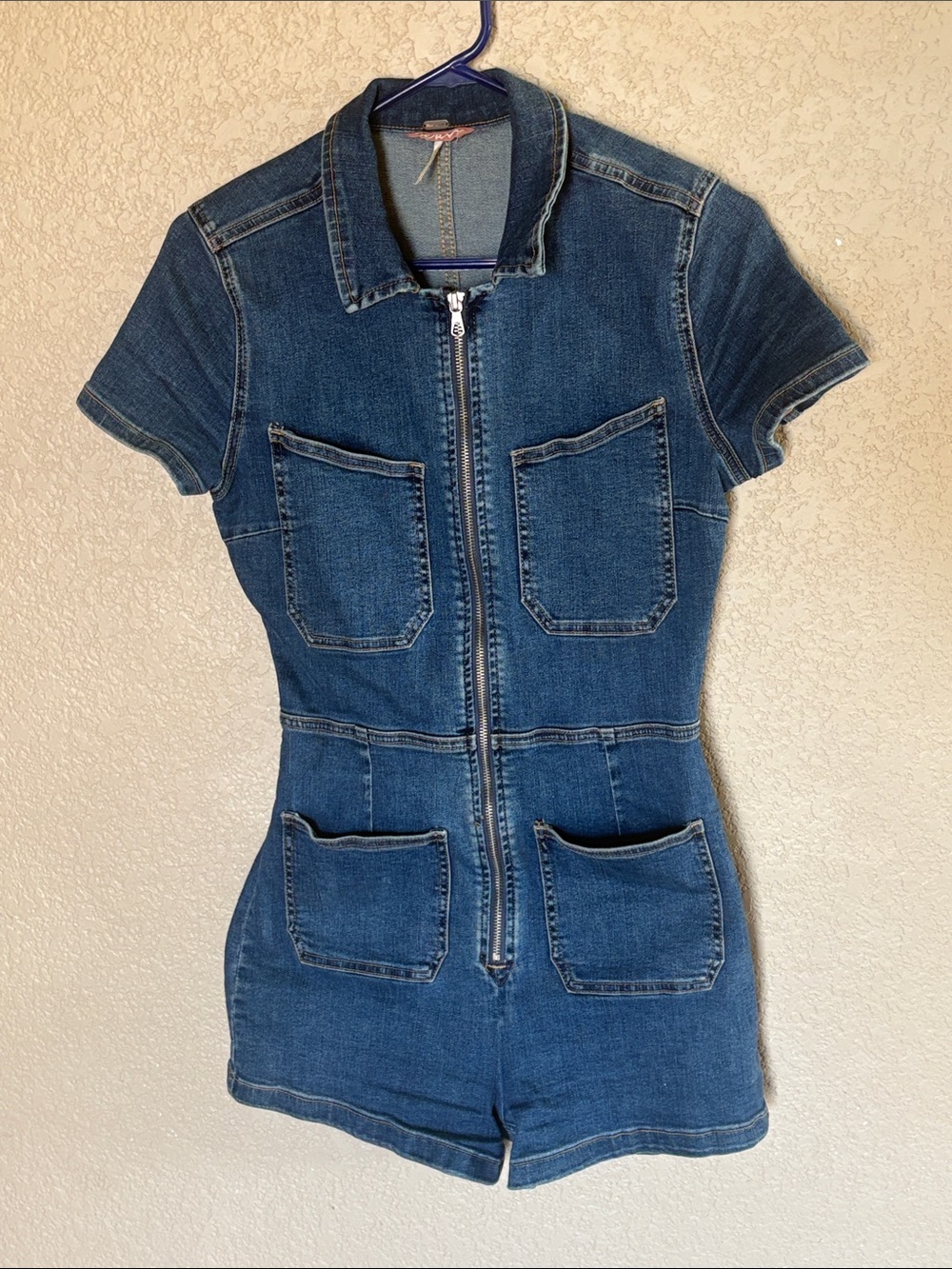 Free People Dark Blue Denim Zip Romper